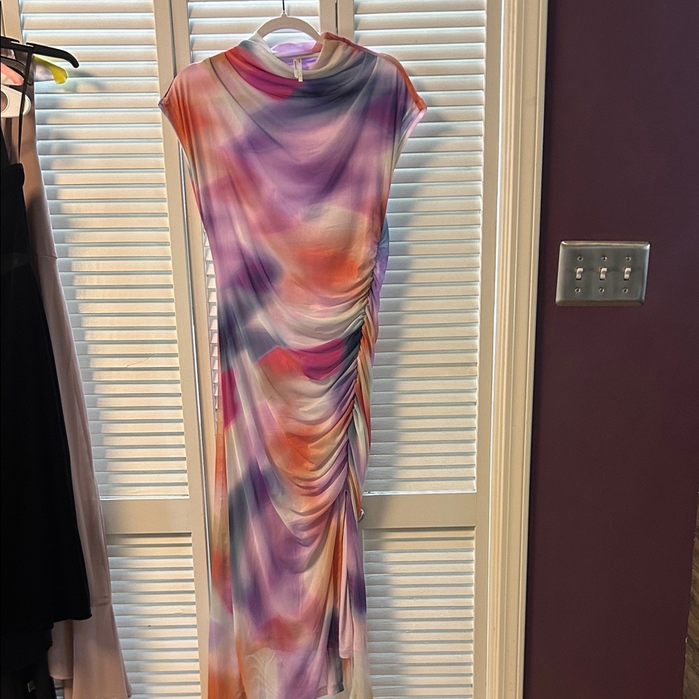 Anthropologie Watercolor Ruched Maxi Dress in Purple, Pink and Orange